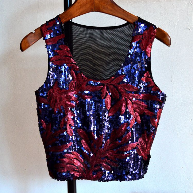 US Summer Glitter Sequins Vest Tank Crop Tops Bralette Blouse TShirt
